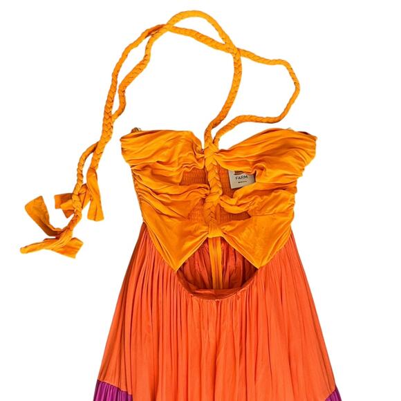 Farm Rio Women’s Color Block Orange Pink Halter Tie Cutout Bust Maxi Dress Small - Picture 3 of 14